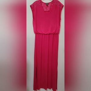 Neiman Marcus Pink Lace Trim Jersey Maxi Dress V-neck Short Sleeve Size Large